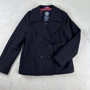 American Eagle Double Breasted Pea Coat Navy Blue Womens Size Large Plaid Liner